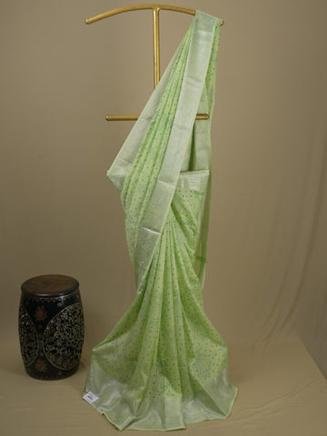 Mangalagiri fancy saree light green color allover prints & zari border with rich pallu and plain blouse