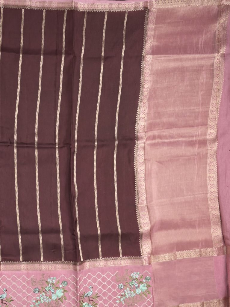 Tabby silk fancy saree allover zari stripes with contrast pallu and attached blouse