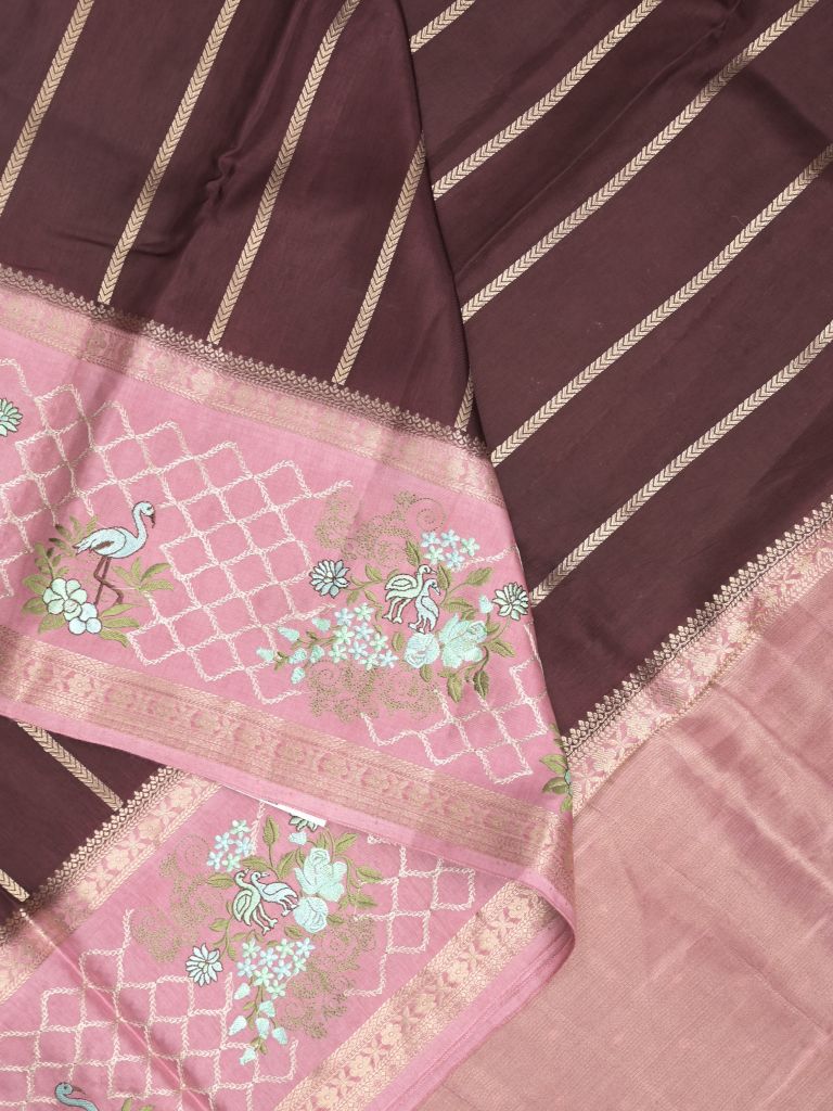 Tabby silk fancy saree allover zari stripes with contrast pallu and attached blouse
