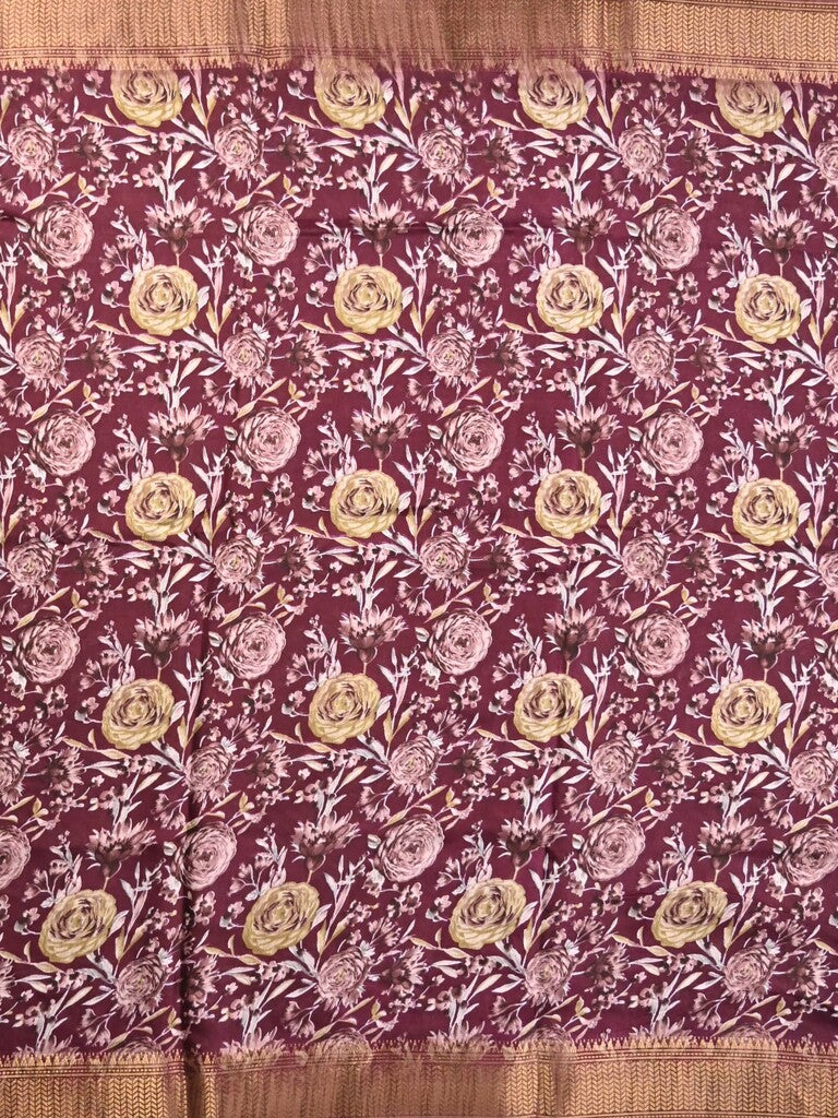 Dola silk fancy saree maroon color allover prints & zari border with printed pallu and printed blouse