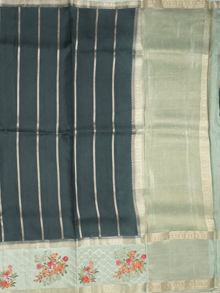 Tabby silk fancy saree allover zari stripes with contrast pallu and attached blouse
