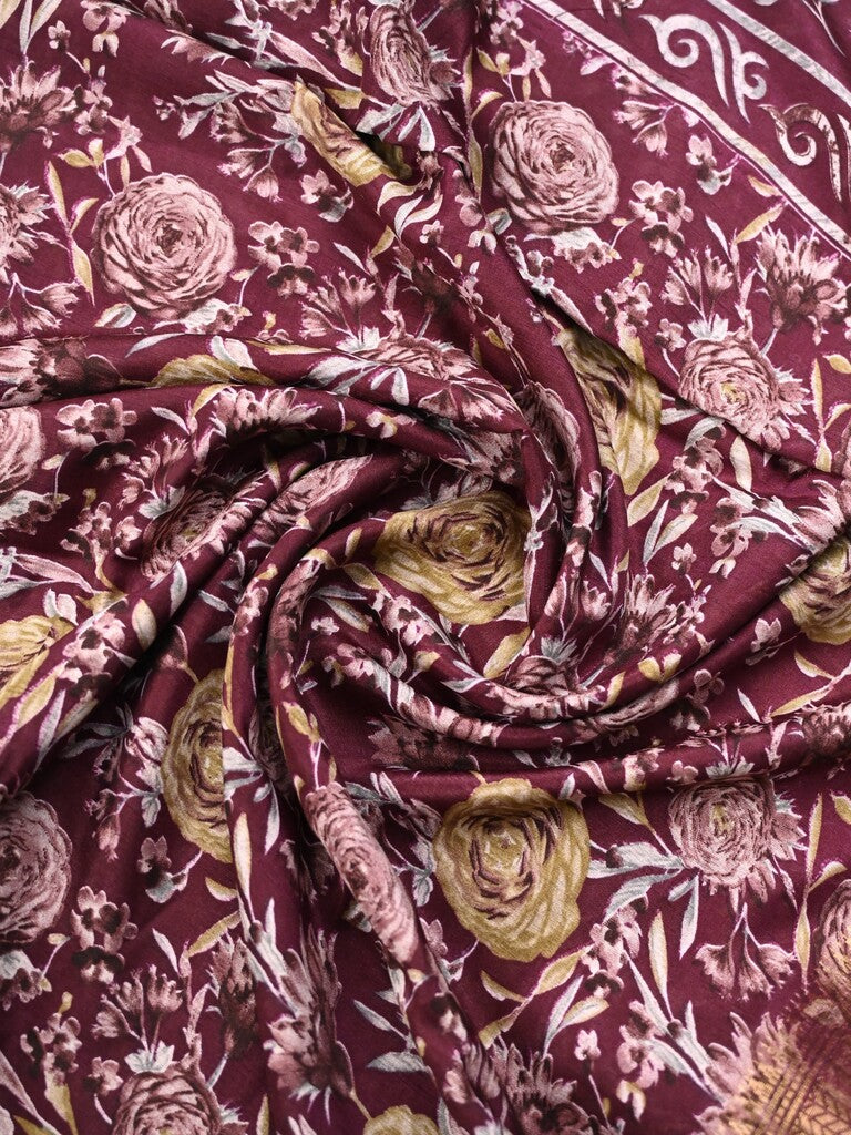 Dola silk fancy saree maroon color allover prints & zari border with printed pallu and printed blouse