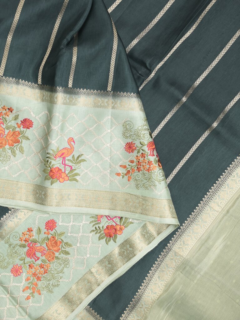 Tabby silk fancy saree allover zari stripes with contrast pallu and attached blouse