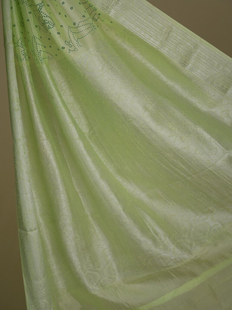 Mangalagiri fancy saree light green color allover prints & zari border with rich pallu and plain blouse