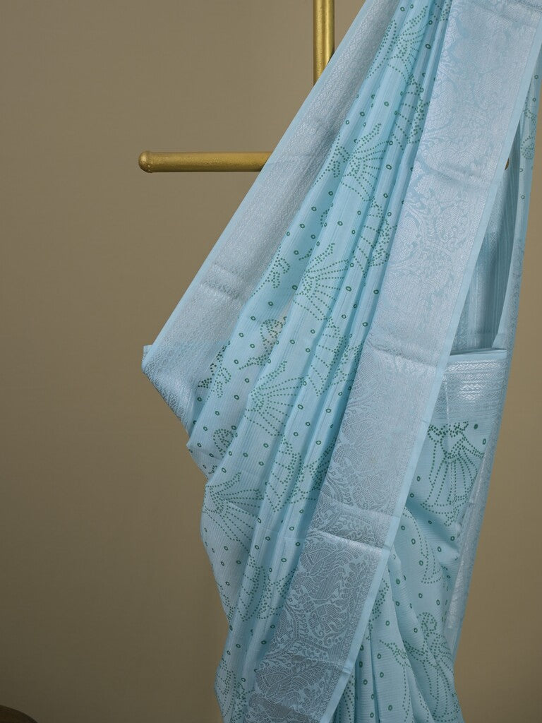 Mangalagiri fancy saree light blue color allover prints & zari border with rich pallu and plain blouse