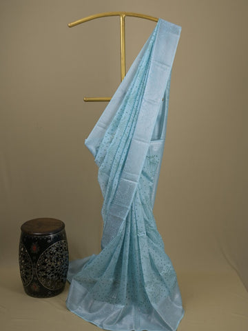 Mangalagiri fancy saree light blue color allover prints & zari border with rich pallu and plain blouse