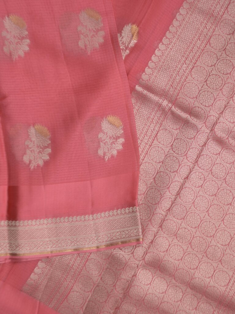 Pure kota fancy saree allover zari motifs & zari border with attached self blouse