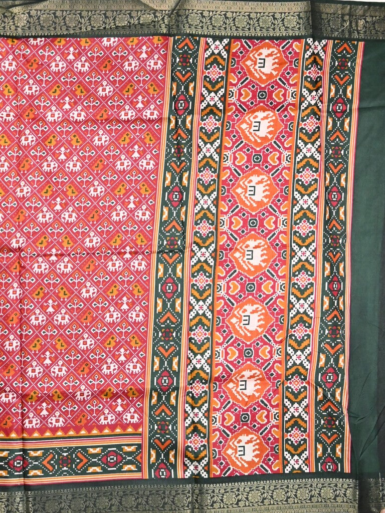 Dola silk fancy saree red color allover prints & zari border with printed pallu and printed blouse