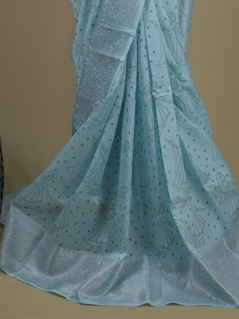 Mangalagiri fancy saree light blue color allover prints & zari border with rich pallu and plain blouse