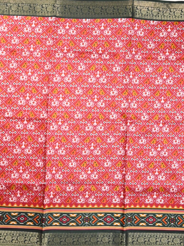 Dola silk fancy saree red color allover prints & zari border with printed pallu and printed blouse