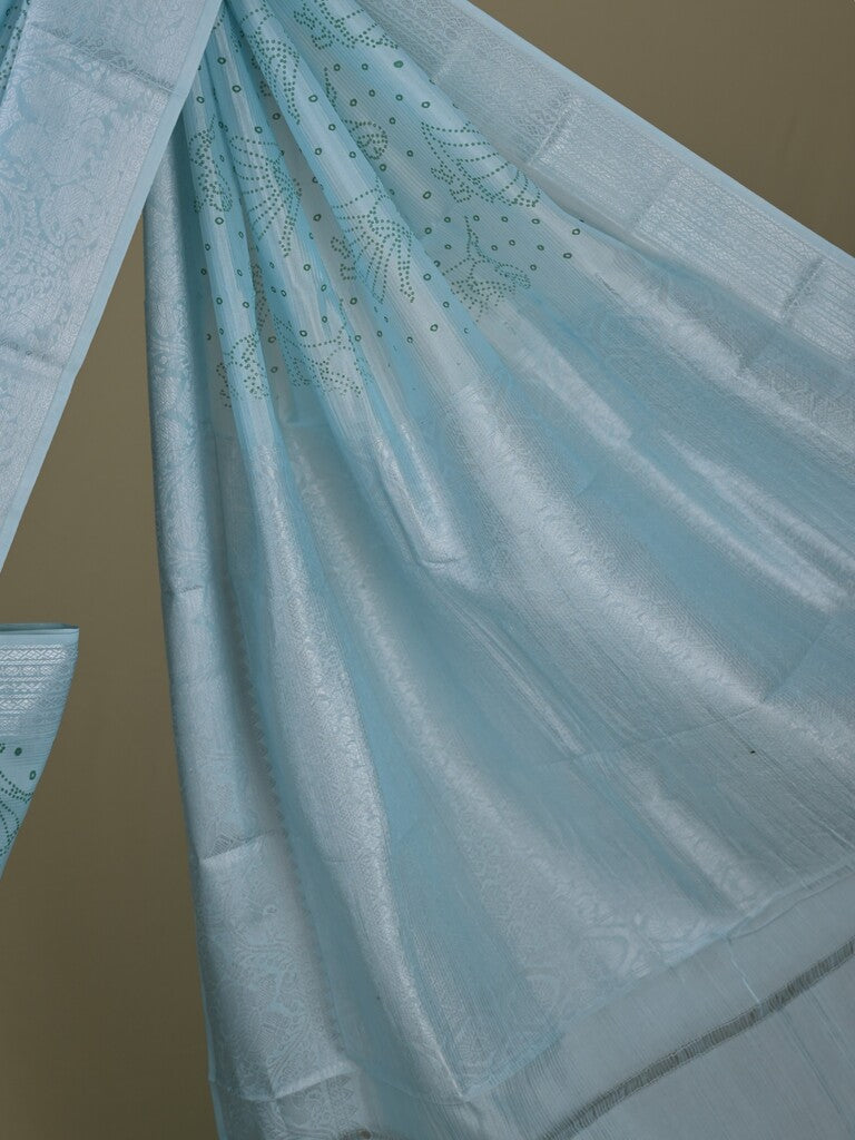 Mangalagiri fancy saree light blue color allover prints & zari border with rich pallu and plain blouse