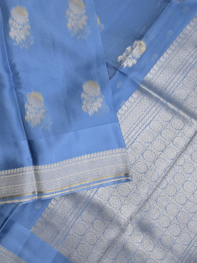 Pure kota fancy saree allover zari motifs & zari border with attached self blouse