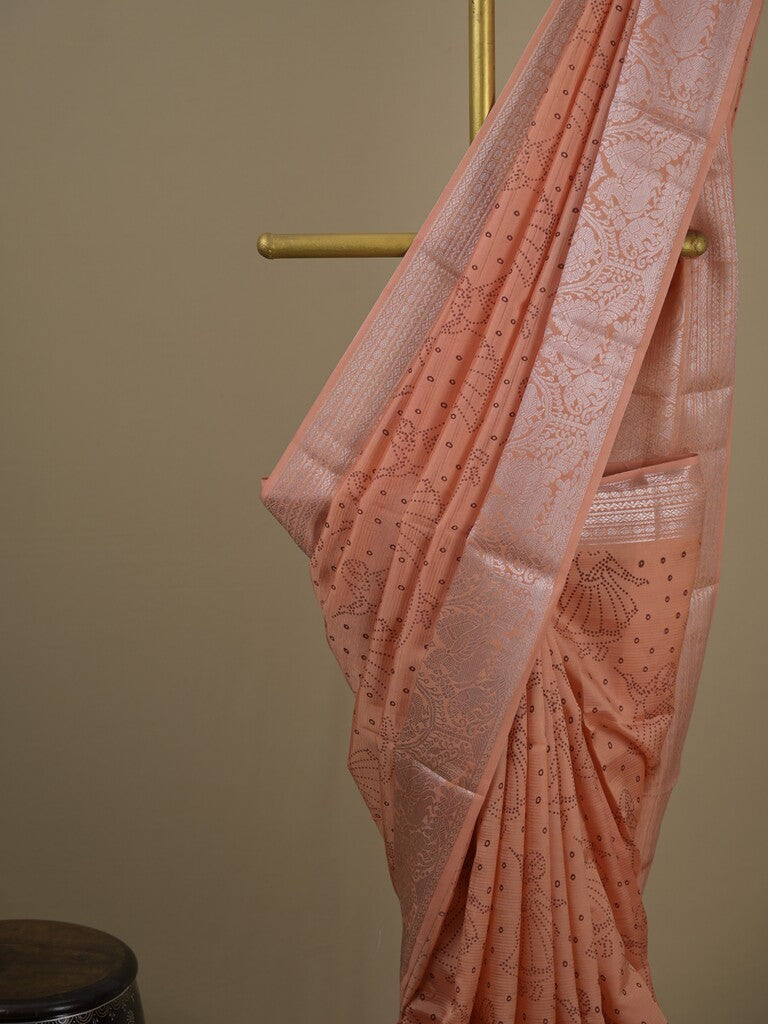 Mangalagiri fancy saree peach color allover prints & zari border with rich pallu and plain blouse