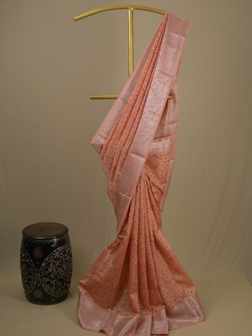 Mangalagiri fancy saree peach color allover prints & zari border with rich pallu and plain blouse