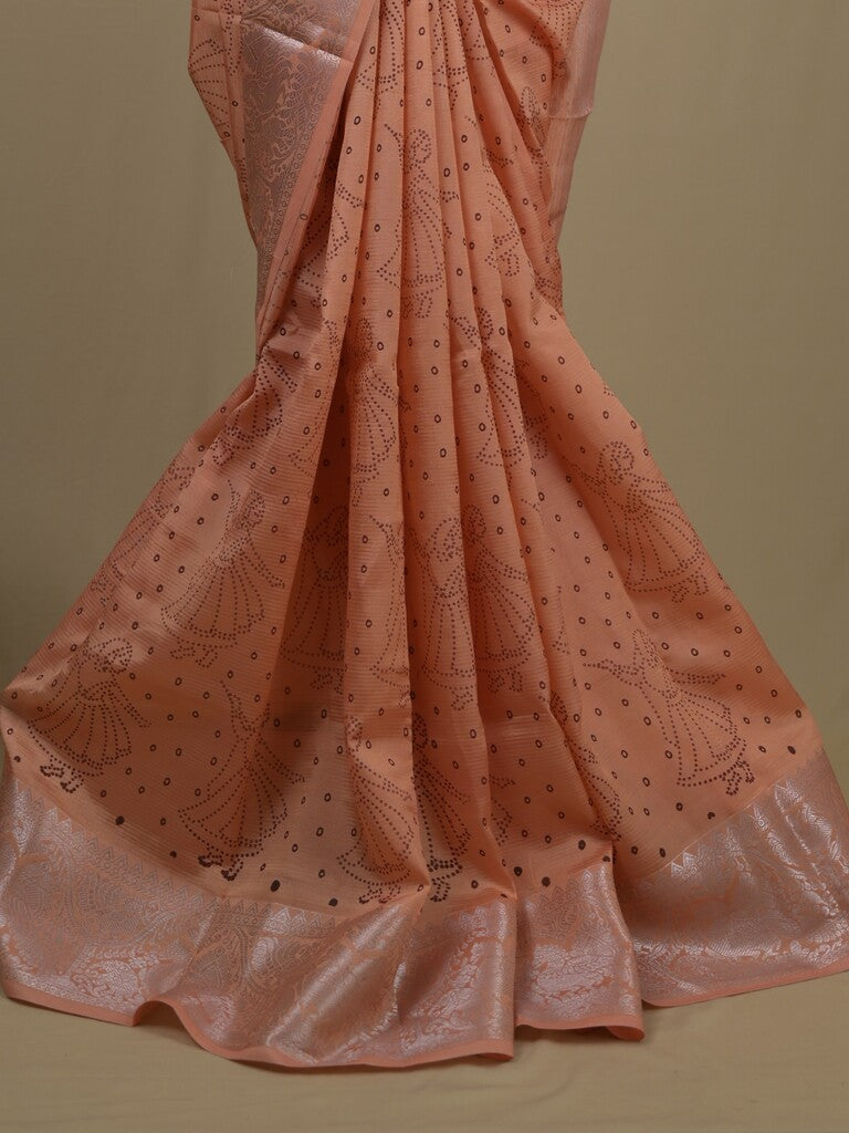 Mangalagiri fancy saree peach color allover prints & zari border with rich pallu and plain blouse