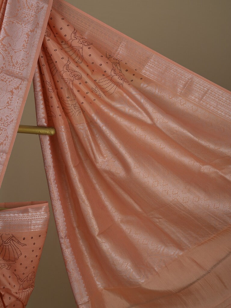 Mangalagiri fancy saree peach color allover prints & zari border with rich pallu and plain blouse