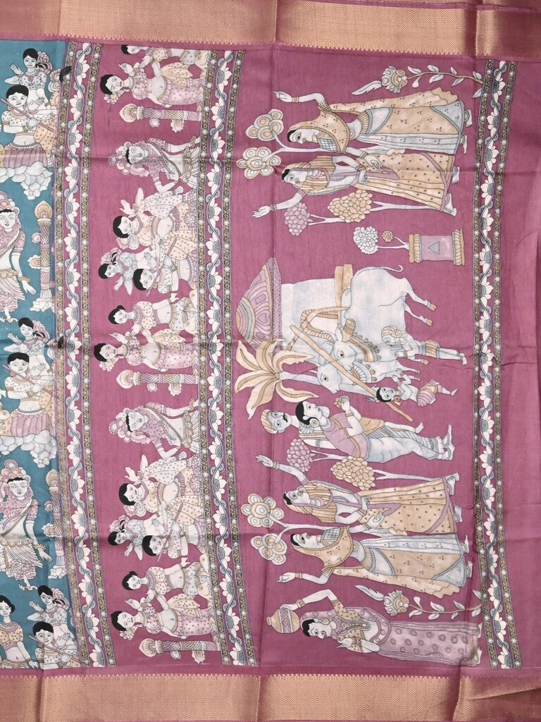 Dola silk fancy saree sky blue color allover prints & zari border with printed pallu and printed blouse