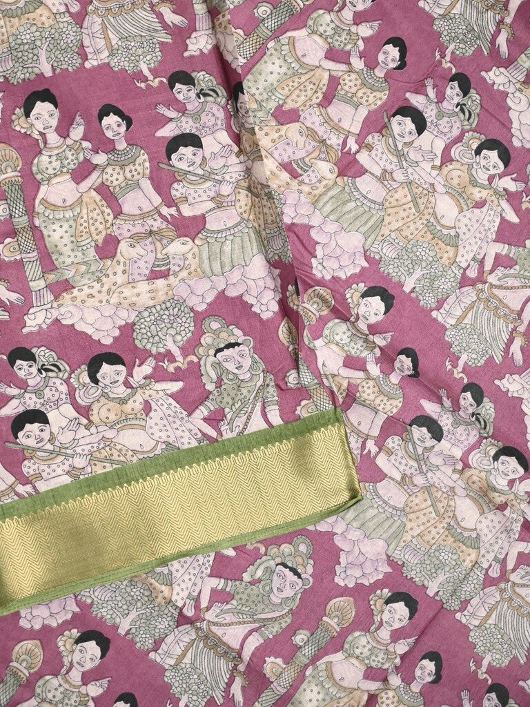 Dola silk fancy saree purple color allover prints & zari border with printed pallu and printed blouse