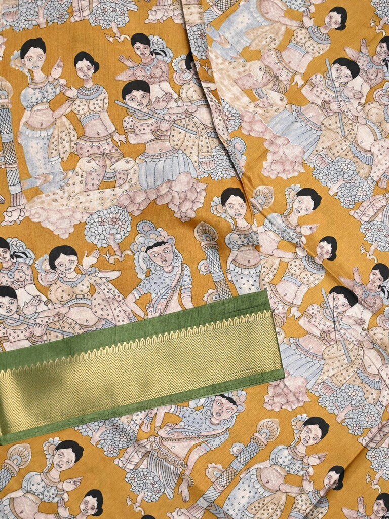 Dola silk fancy saree yellow color allover prints & zari border with printed pallu and printed blouse