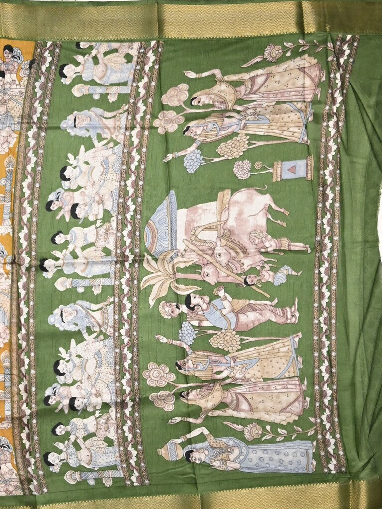 Dola silk fancy saree yellow color allover prints & zari border with printed pallu and printed blouse