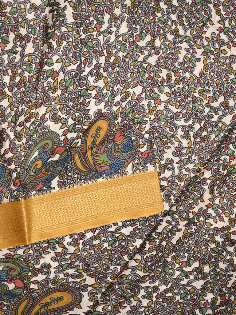 Dola silk fancy saree cream color allover prints & zari border with printed pallu and printed blouse