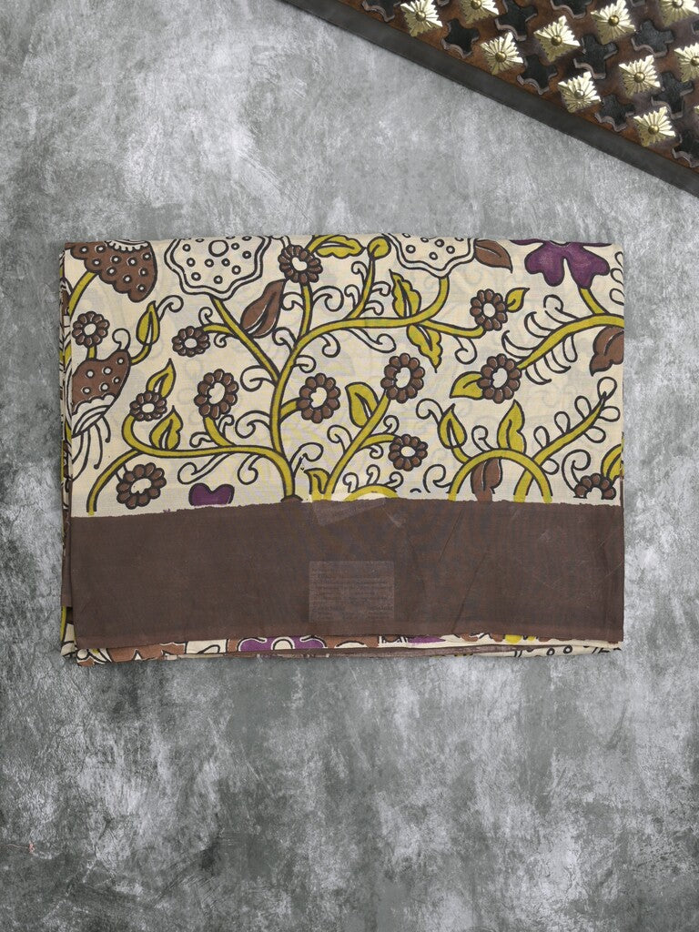 Kalamkari silk fancy saree in light cream color with contrast border & printed pallu and printed blouse