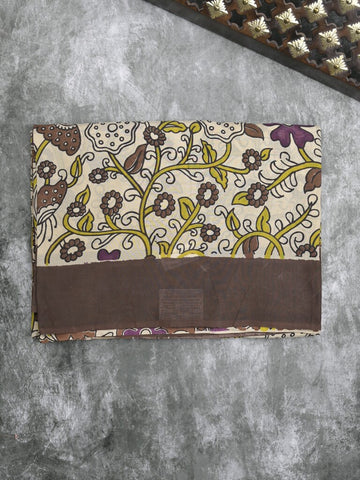 Kalamkari silk fancy saree in light cream color with contrast border & printed pallu and printed blouse