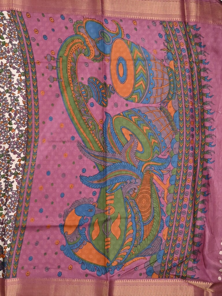 Dola silk fancy saree cream color allover prints & zari border with printed pallu and printed blouse