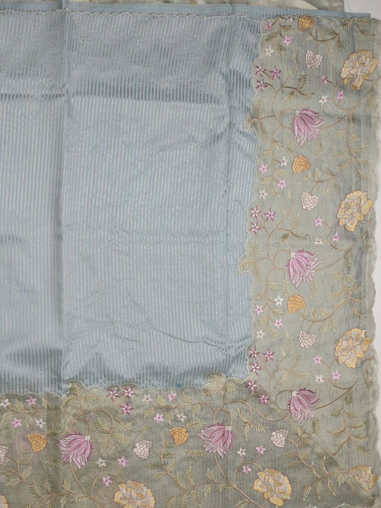 Dupion fancy saree allover stripes with embroidery cutwork border and tissue blouse