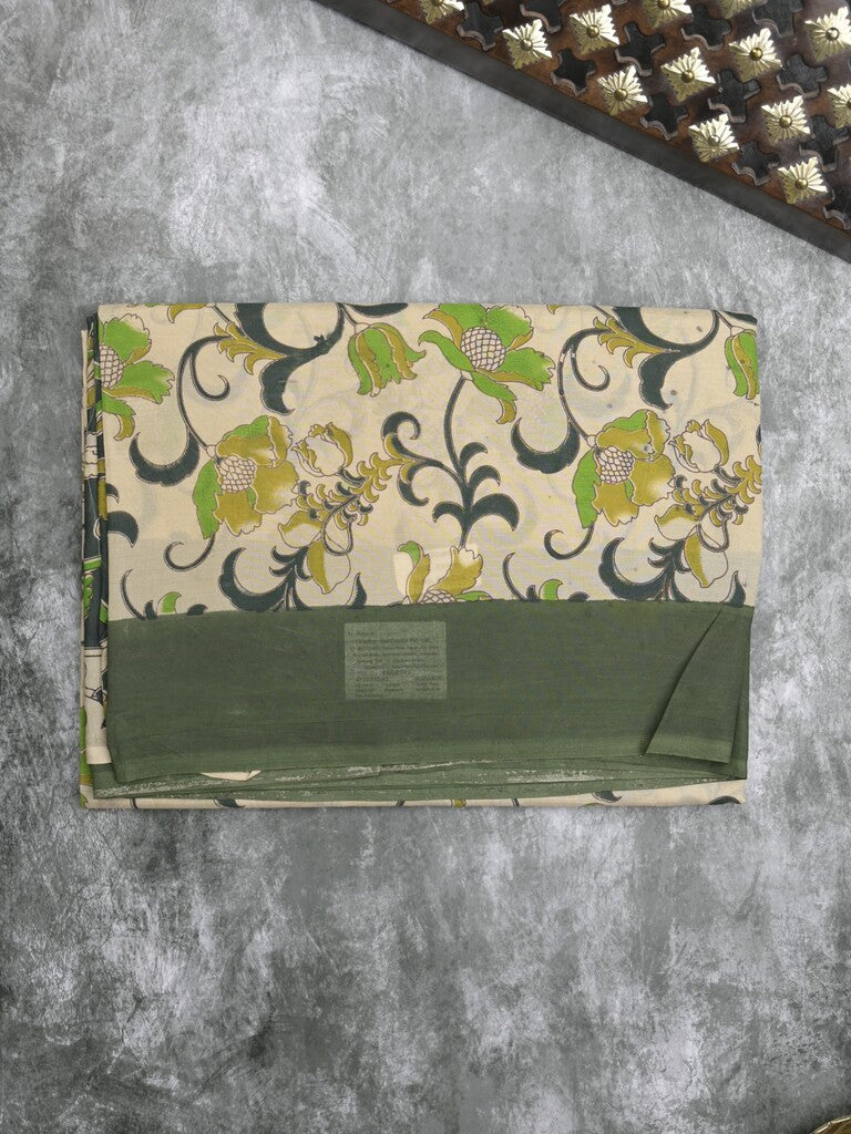 Kalamkari silk fancy saree in light cream color with contrast border & printed pallu and printed blouse