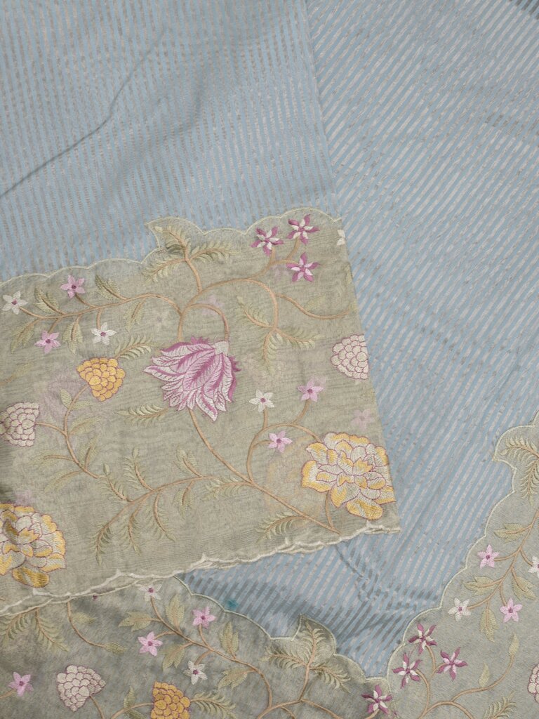 Dupion fancy saree allover stripes with embroidery cutwork border and tissue blouse
