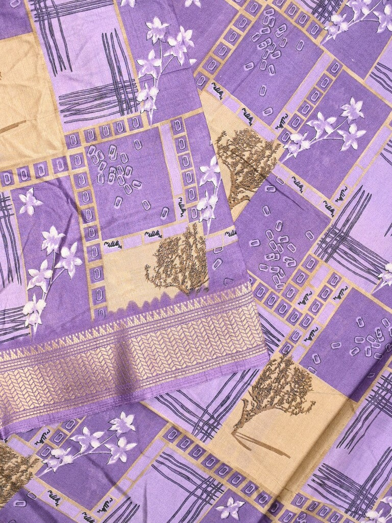 Dola silk fancy saree lavender color allover prints & zari border with printed pallu and printed blouse
