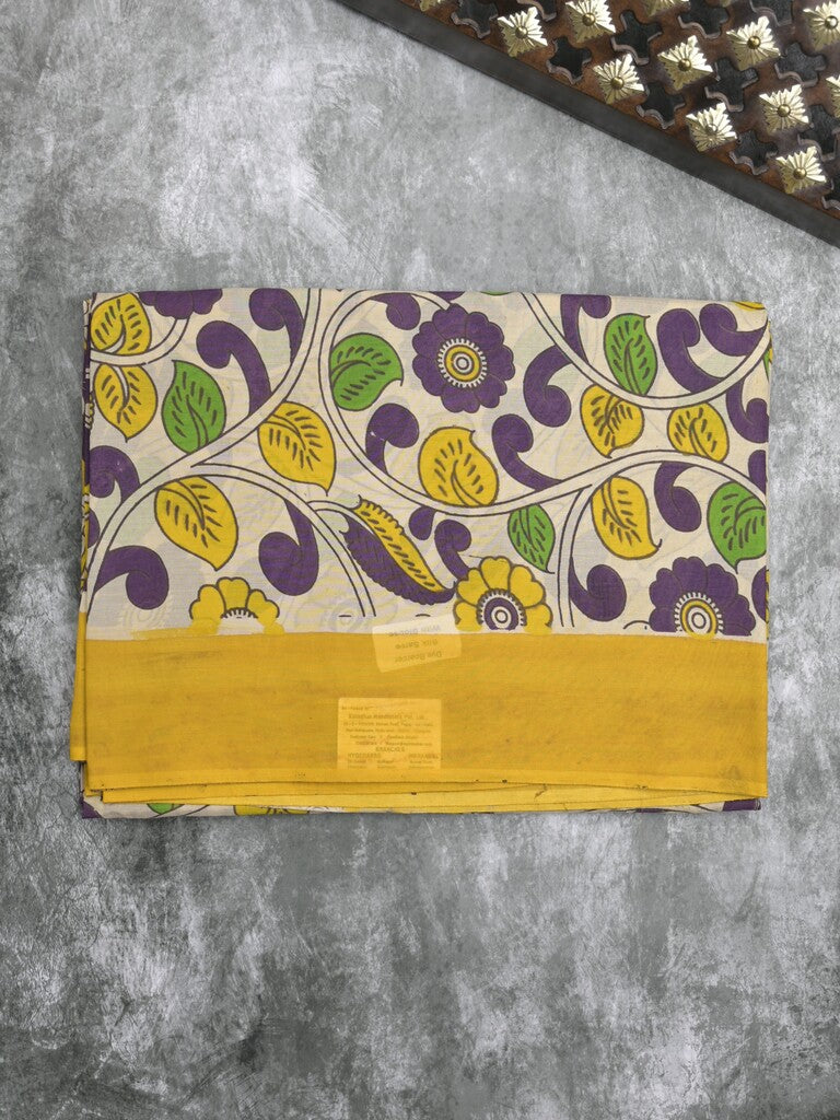 Kalamkari silk fancy saree in light cream color with contrast border & printed pallu and printed blouse