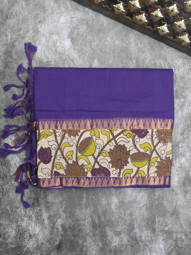 Mangalagiri cotton saree in royal blue color with kalamkari border and zari pallu & kalamkari blouse