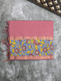 Mangalagiri cotton saree in onion pink color with kalamkari border and zari pallu & kalamkari blouse