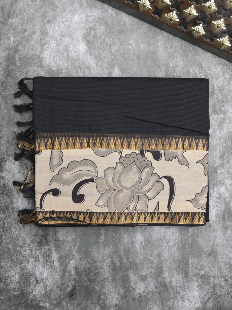 Mangalagiri cotton saree in black color with kalamkari border and zari pallu & kalamkari blouse