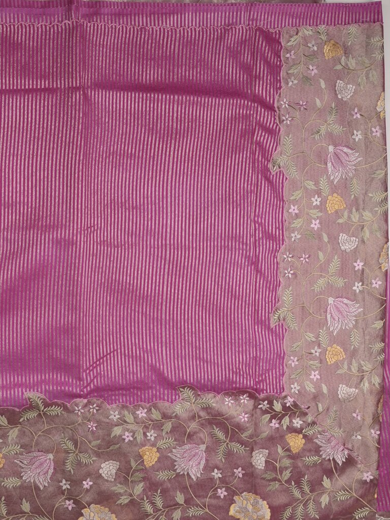 Dupion fancy saree allover stripes with embroidery cutwork border and tissue blouse
