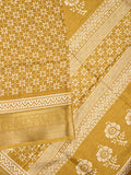 Dola silk fancy saree yellow color allover prints & zari border with printed pallu and printed blouse