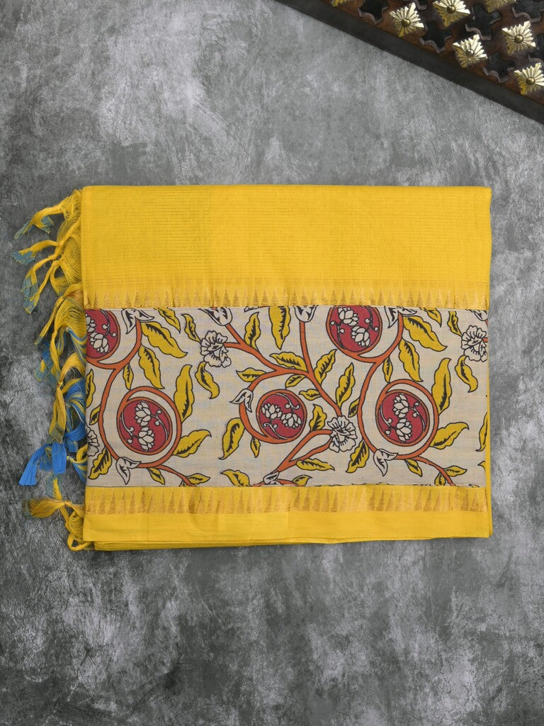 Mangalagiri cotton saree in yellow color with kalamkari border and zari pallu & kalamkari blouse