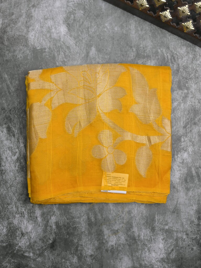 Kora fancy saree yellow color allover plain with zari border and zari pallu & self blouse