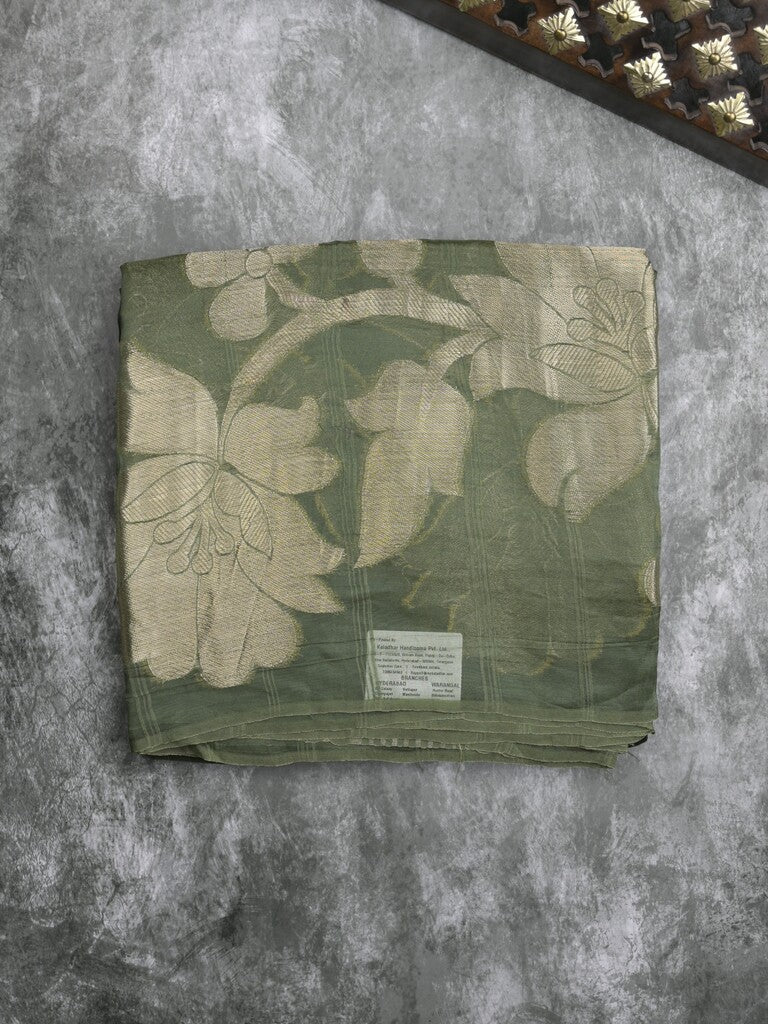 Kora fancy saree olive green color allover plain with zari border and zari pallu & self blouse