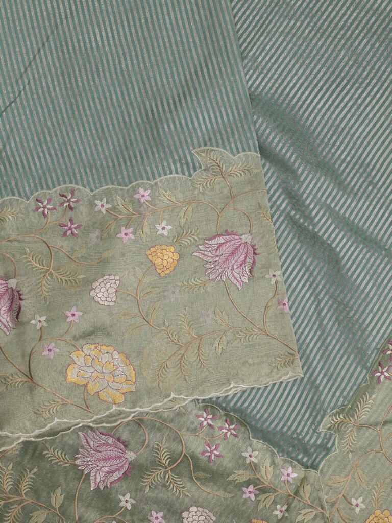 Dupion fancy saree allover stripes with embroidery cutwork border and tissue blouse