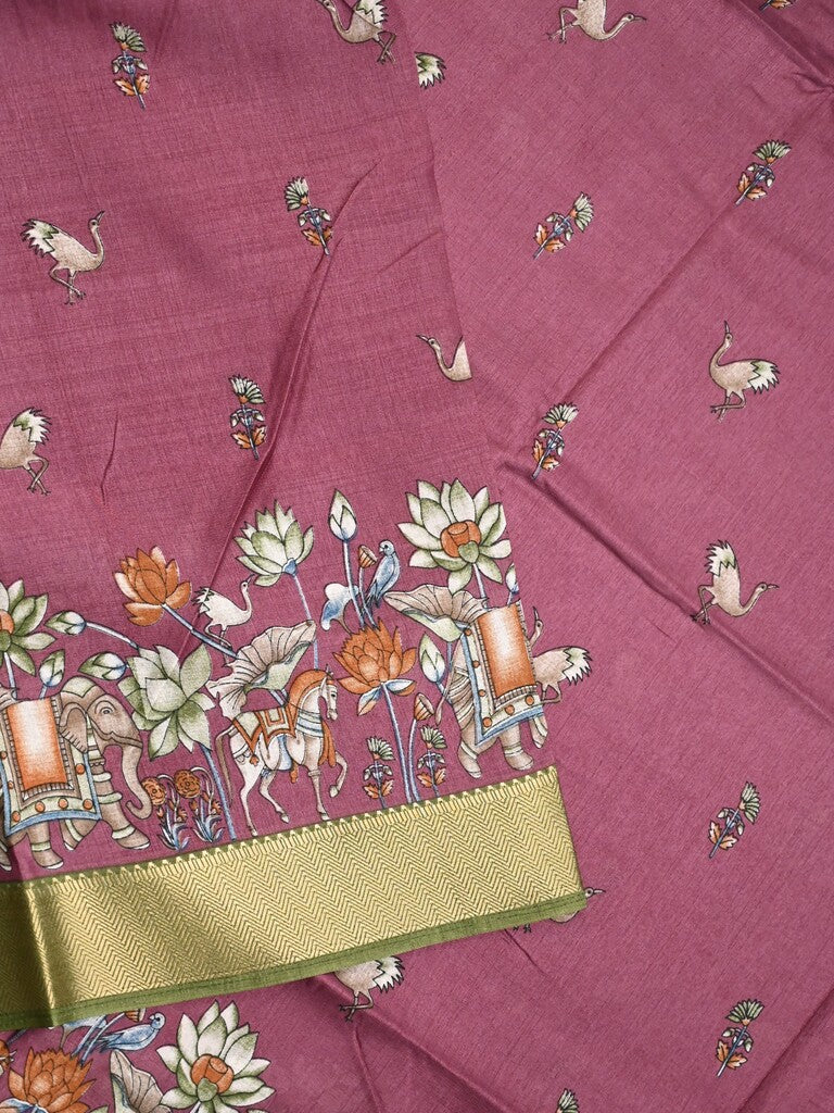 Dola silk fancy saree purple color allover prints & zari border with printed pallu and printed blouse