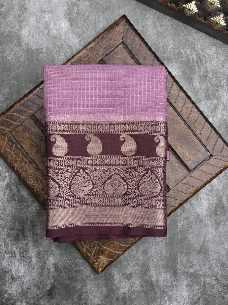 Kora fancy saree purple color allover checks with zari border and rich pallu & brocade blouse