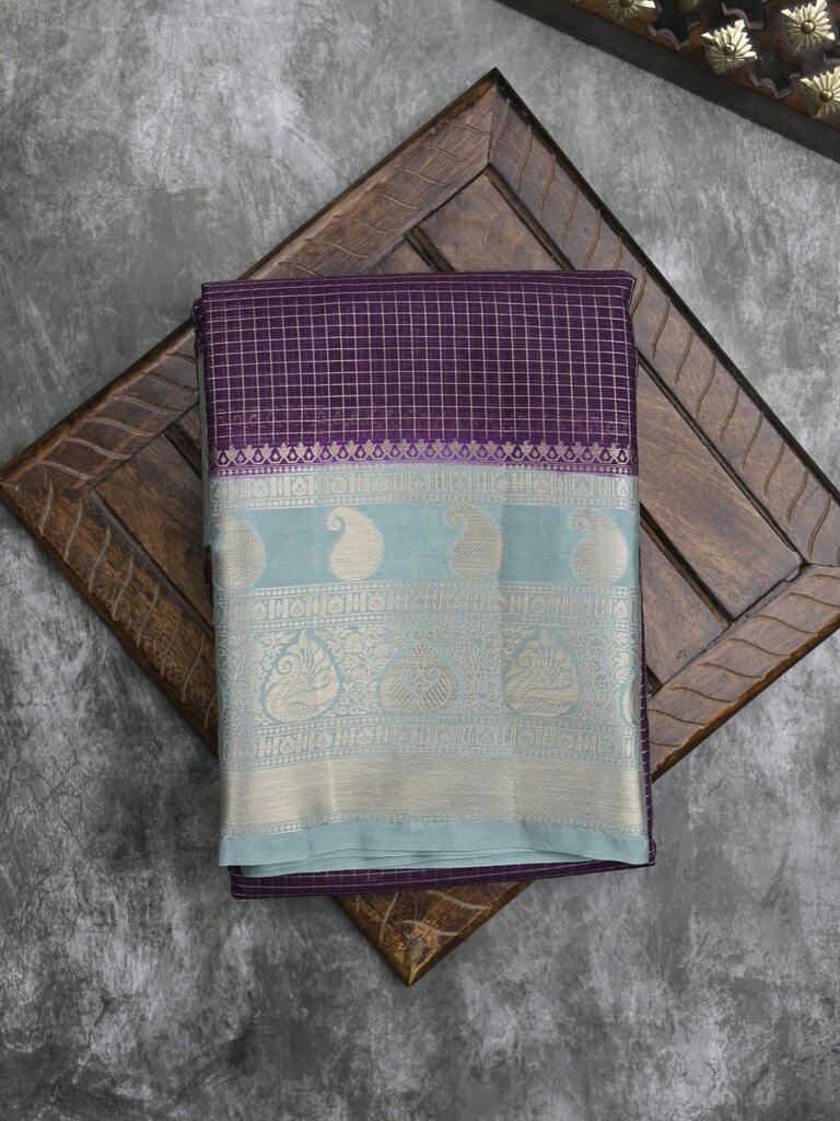 Kora fancy saree dark blue color allover checks with zari border and rich pallu & brocade blouse