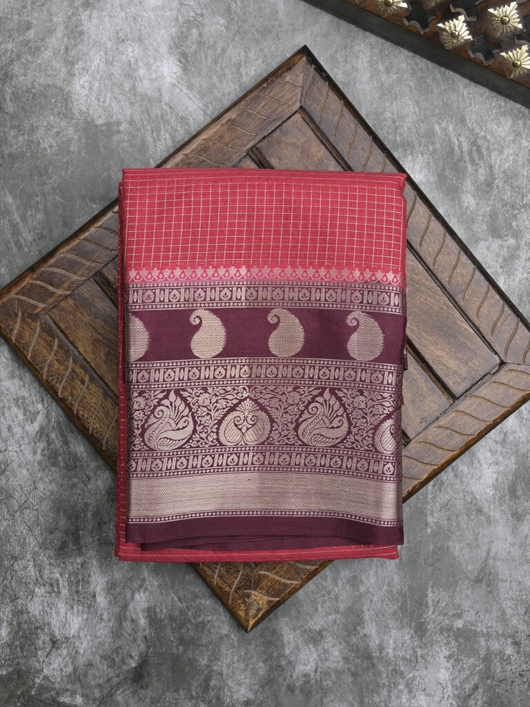 Kora fancy saree pink color allover checks with zari border and rich pallu & brocade blouse