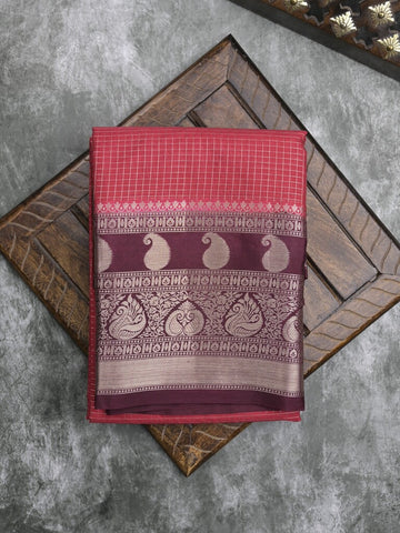Kora fancy saree pink color allover checks with zari border and rich pallu & brocade blouse