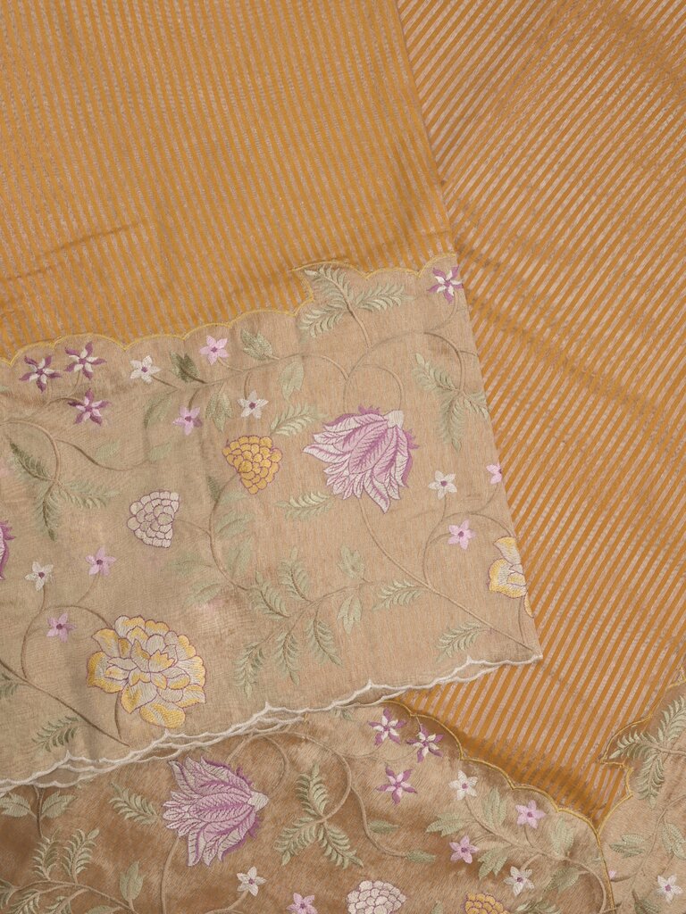 Dupion fancy saree allover stripes with embroidery cutwork border and tissue blouse