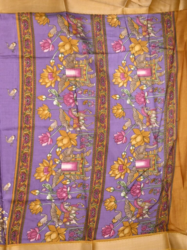 Dola silk fancy saree dark lavender color allover prints & zari border with printed pallu and printed blouse