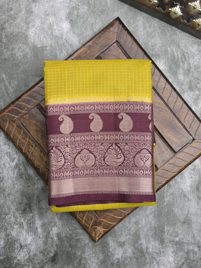 Kora fancy saree yellow color allover checks with zari border and rich pallu & brocade blouse